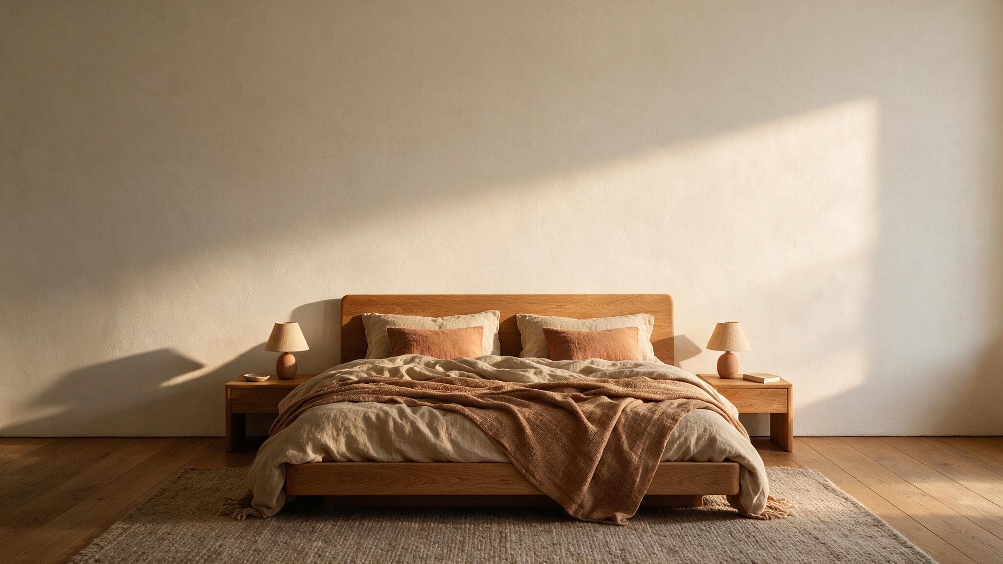 Sunlit bedroom with an oak bed and linen bedding beneath a framed map poster