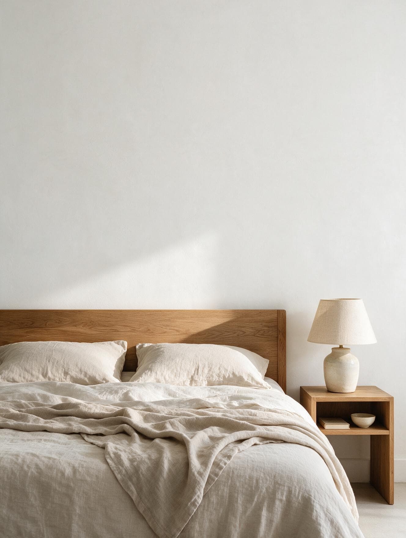 Framed Chennai map poster in terracotta above an oak bed with linen bedding