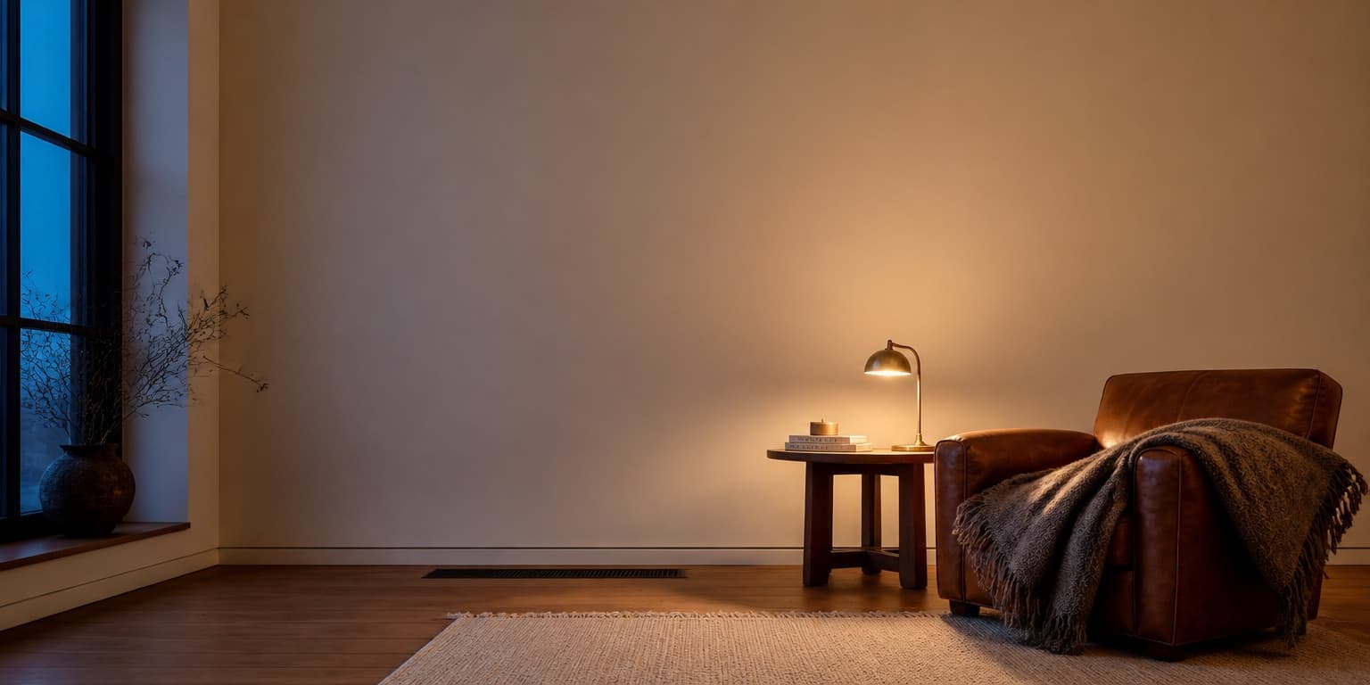 A reading corner at dusk with a leather armchair, a brass lamp and a framed map poster on the wall