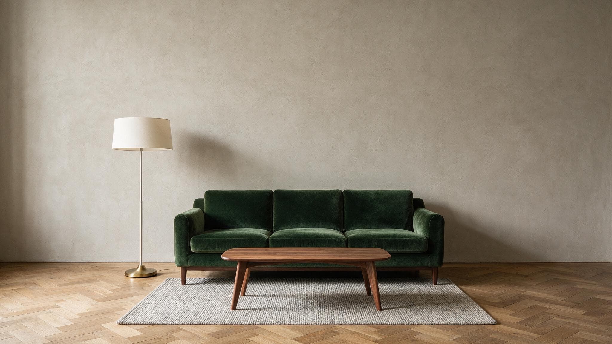 A map poster hung above a green velvet sofa